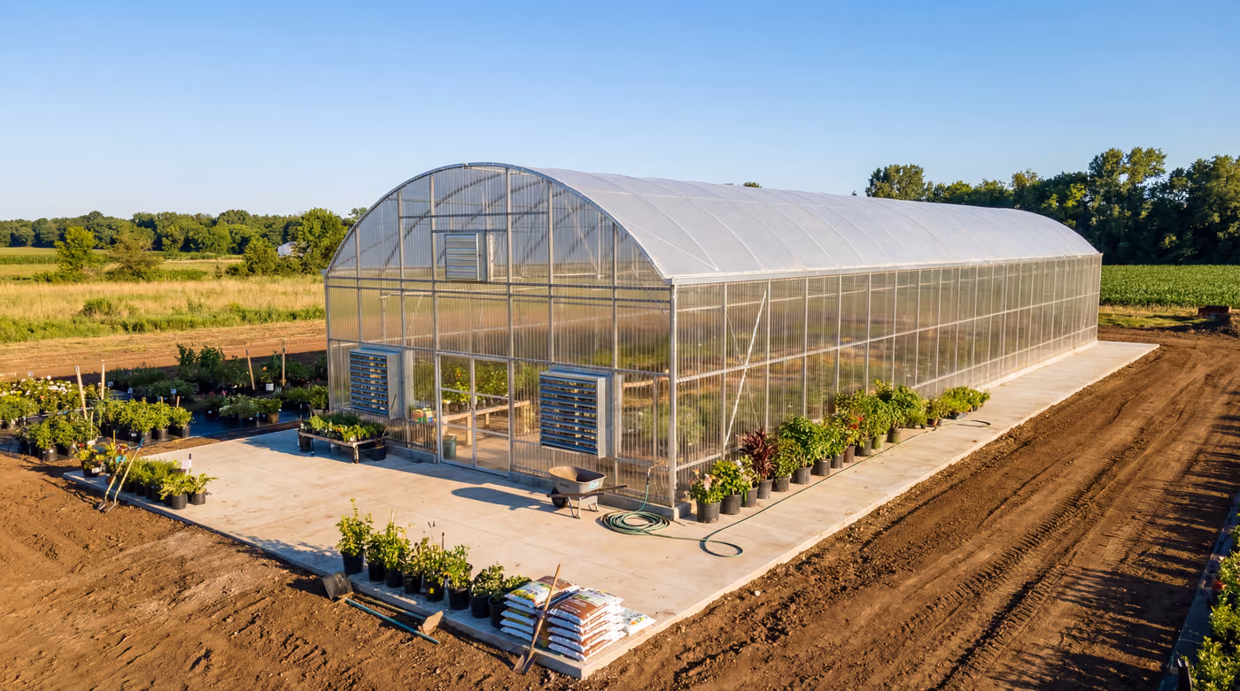 American Roots greenhouse on a pad for flower production