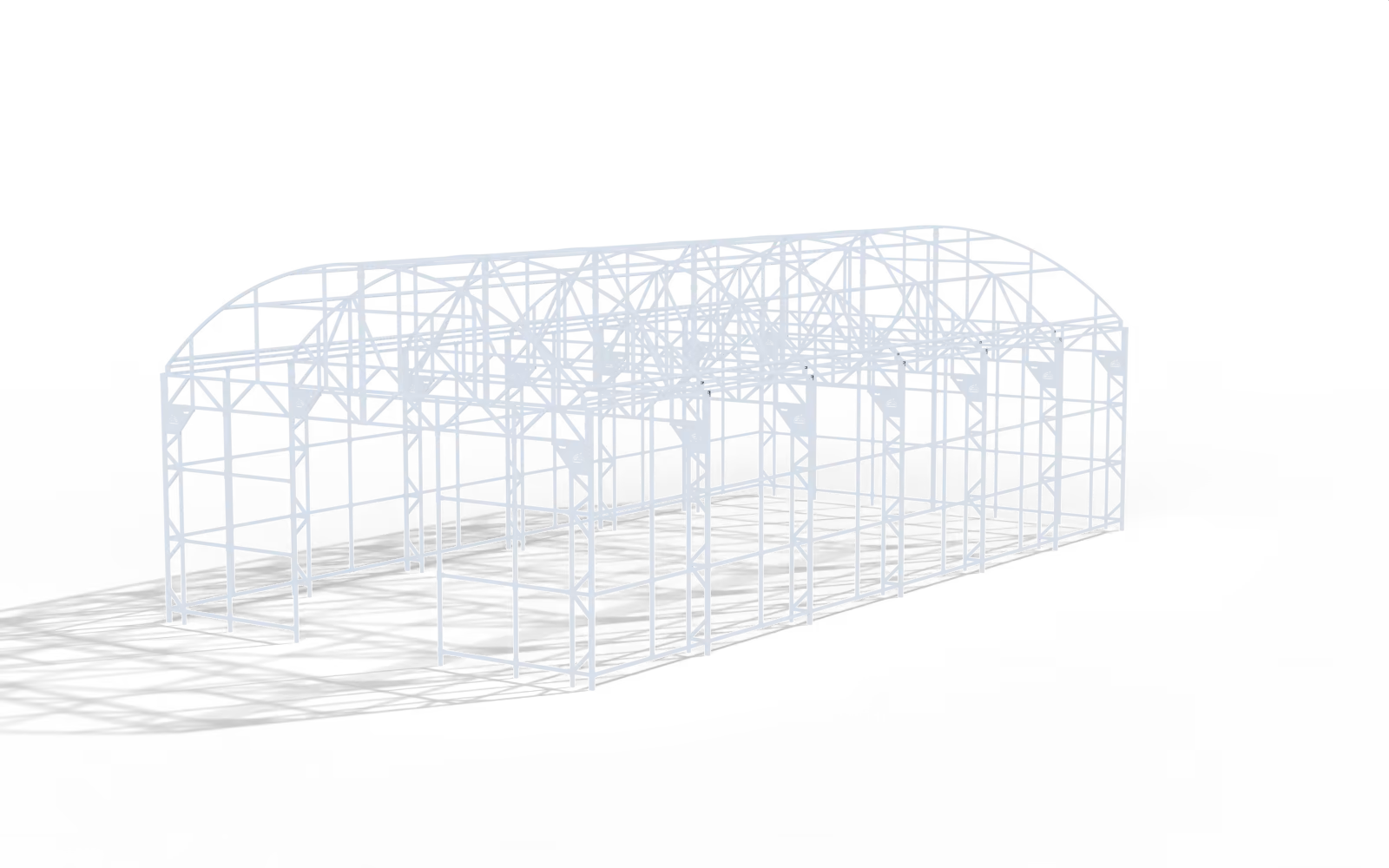 American Roots commercial greenhouse — white frame wrapped in glass